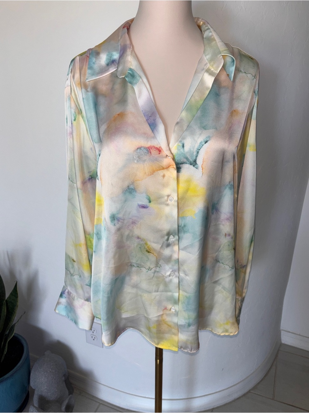Zara Silky Watercolor Print Button-Up Blouse - Pastel Multi